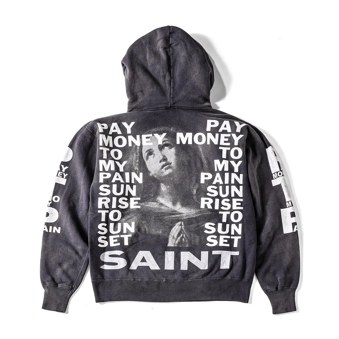 SAINT Mxxxxxx × PAY MONEY TO MY PAIN PTP_HOODIE/BRAND MONEY/BLK Co-branded PTP Virgin Mary dollar hoodie Washed black S-XL Assute dyeing The whole piece is sprayed with horse fade Mold customization joint main mark/washed mark Factory four-needle and six-thread workmanship No bone seams More comfortable to wear Repeated modification of proofing Authentic grade crack printing VINTAGE value is full
